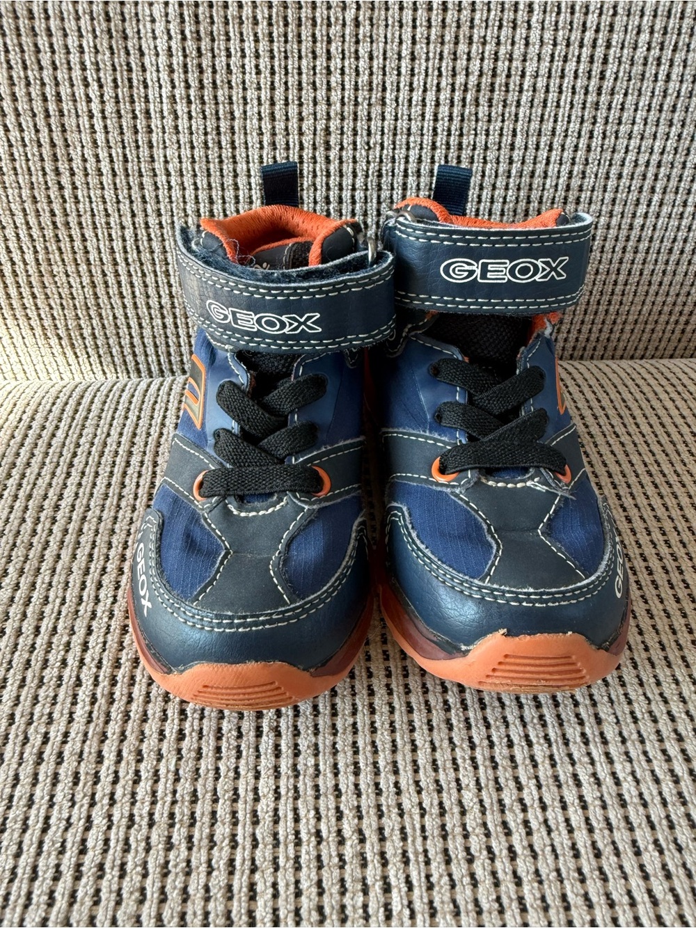 Geox Kids Navy and Orange High-Top Sneakers with Hook-and-Loop Strap
